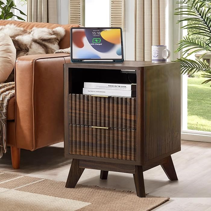 Fluted Nightstand - 18" Modern Bedside Table w/ 2 Drawers, Wood Bed Side End Table with Open Shel... | Amazon (CA)