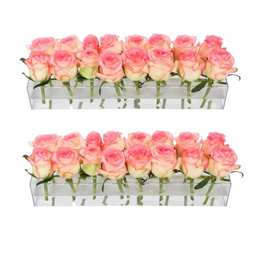 2Pack Clear Acrylic Flower Vase Rectangular, 15.7 Inches Long Floral Centerpiece Low Vases with Holes for Dinning Table, Home Decor, Wedding Decoration | Amazon (US)