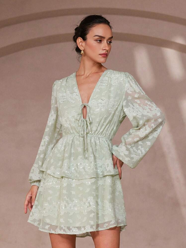 Aveloria Rosie 2025 Spring & Summer Mint Green V-Neck Bowknot Waist Elastic Layered Floral Jacquard Long Sleeve Dress For Women | SHEIN