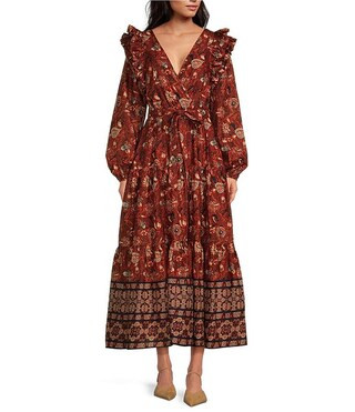 A Loves A Floral Woven Surplice V-Neck Tiered Ruffle Shoulder Long Balloon Sleeve Tie Waist A-Lin... | Dillard's