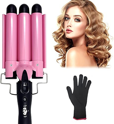 Newlemo 3 Barrel Curling Iron 25mm, 1-Inch Crimper Hair Iron Temperature Adjustable, Hair Crimper Ceramic Tourmaline Fast Heating Curling Wand with Heat Resistant Glove(Pink) | Amazon (US)