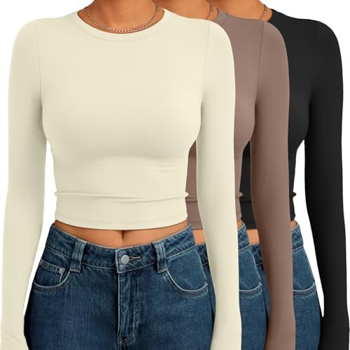 AUTOMET 3 Pack Womens Long Sleeve Shirts Y2K Going Out Crop Tops Cute Basic Slim Fitted Fall Fash... | Amazon (US)