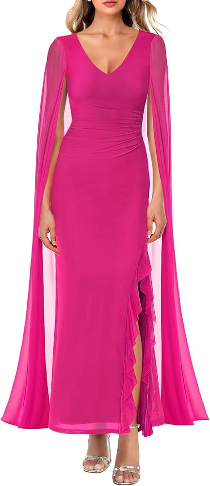 Lrady Women's Evening Gowns V Neck High Split Wedding Guest Cocktail Formal Party Maxi Dresses wi... | Amazon (US)