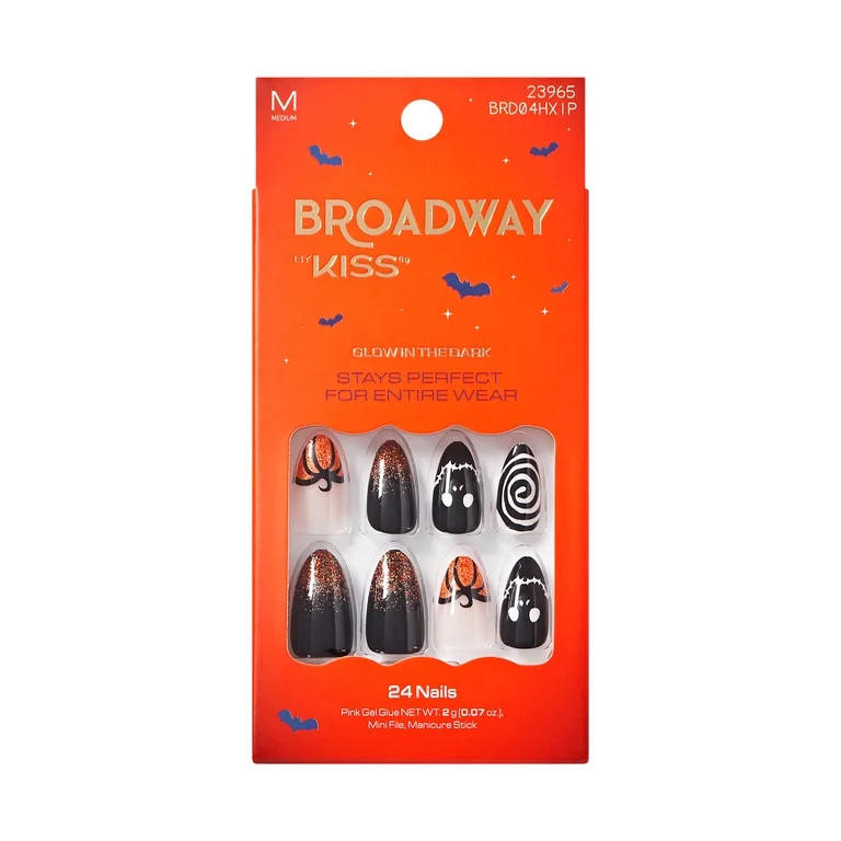 Broadway by Kiss Press On Nails Almond, Ghostly Whisper, Black, Medium, 24 Count | Walmart (US)