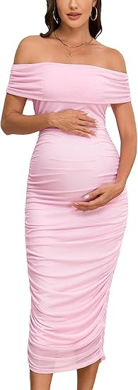Maternity Off The Shoulder Maxi Dress Mesh Ruched Bodycon Sleeveless Pregnancy Dresses Baby Showe... | Amazon (US)