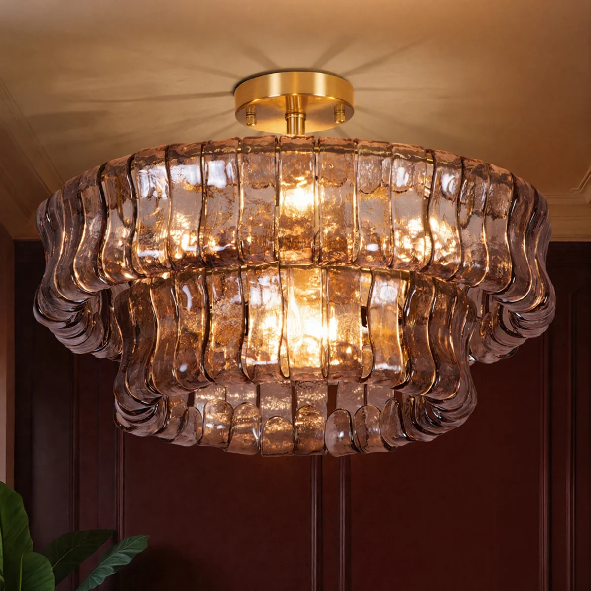 20" 6-Light Brushed Brass Double-Layer Gray Artistic Glass Unique / Statement Semi-Flush Mount Fo... | Wayfair North America