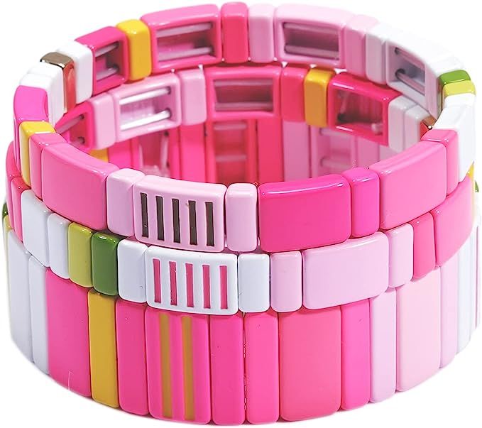 Coolcos Tile Bracelets Stackable Enamel Stretch Tile Bracelet Rainbow Colorblock Beads Bracelets ... | Amazon (US)