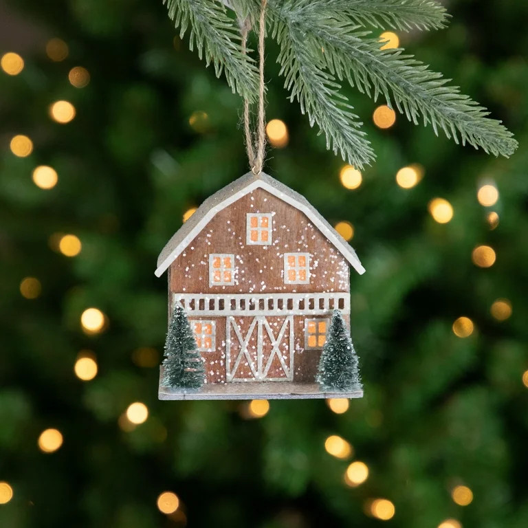4" Battery Operated Lighted Rustic House with Trees Christmas Ornament | Walmart (US)