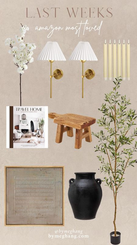 Last weeks most loved amazon items! The most perfect faux cherry blossoms, affordable pleated sconces, faux candles made from real wax, the best coffee table book, wooden pedestal, best selling faux olive tree, neutral and affordable wall art, black vase 

#LTKFind #LTKhome