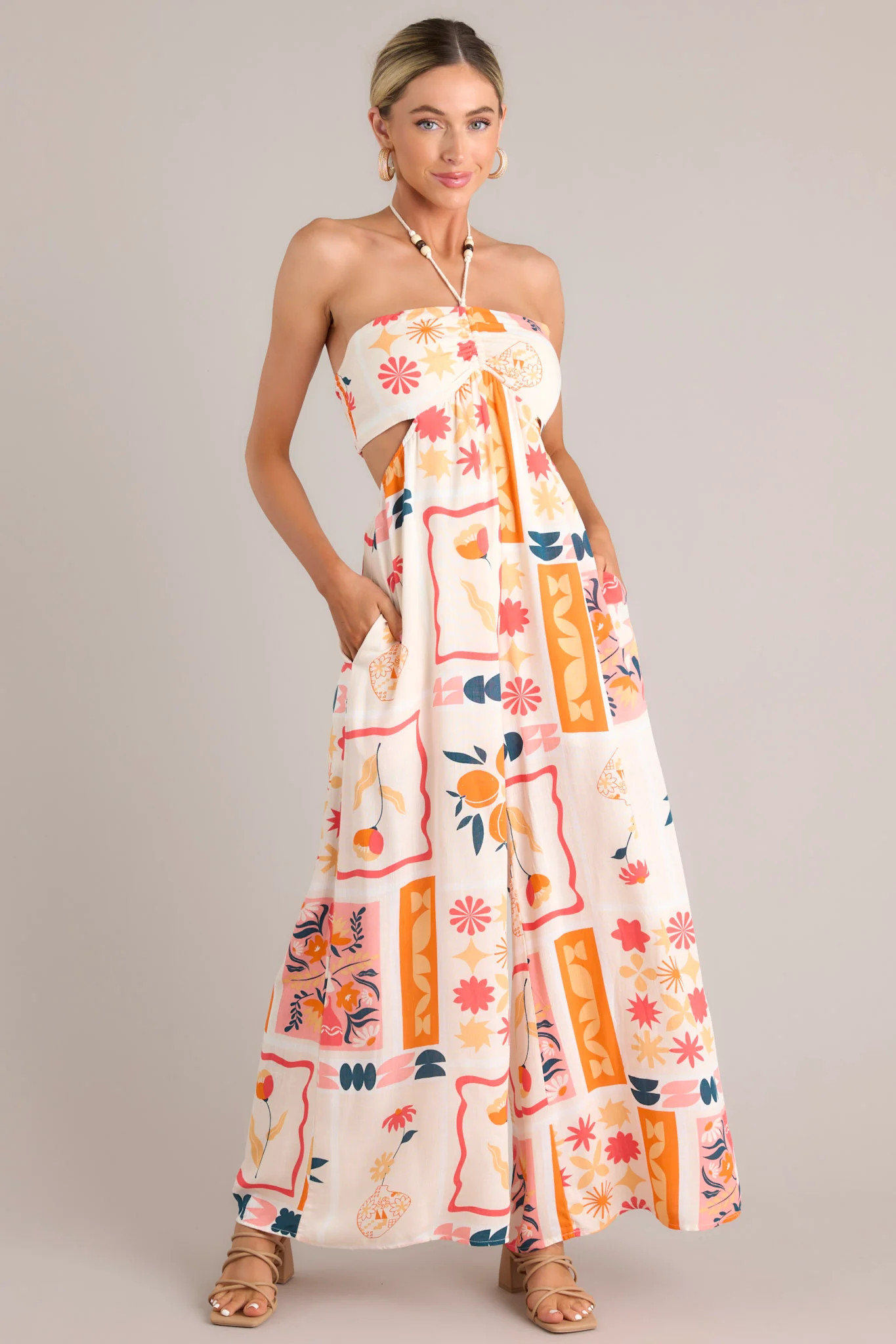 Sunset Cove Apricot Multi Print Halter Cutout Jumpsuit | Red Dress