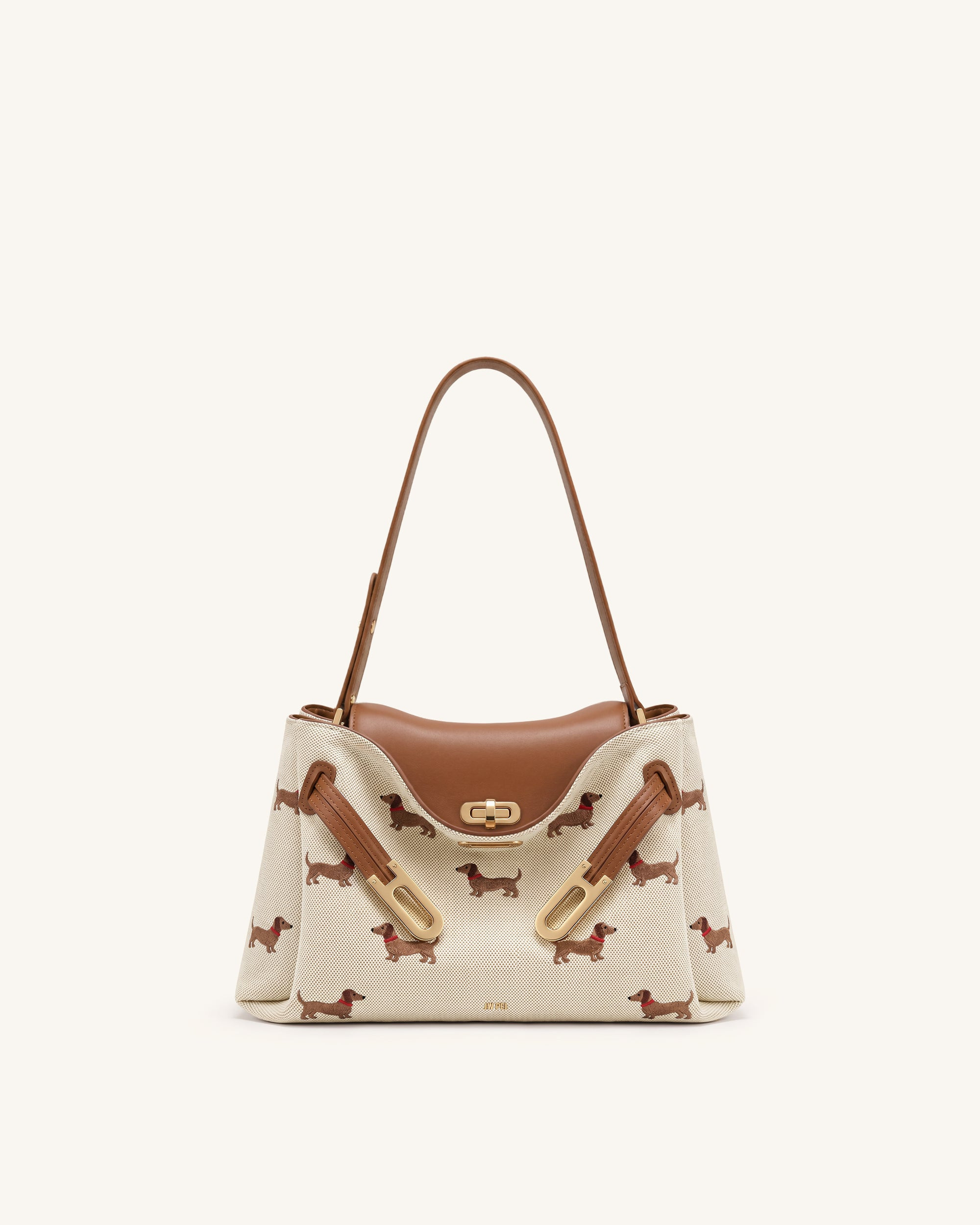 Rhea Dachshund Embroidered Double Buckle Shoulder Bag - Brown Canvas | JW PEI US