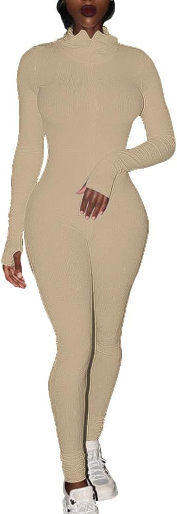 LuFeng Women's Long Sleeve High Neck Zipper Bodycon Tight Full Length Jumpsuits Rompers One Piece... | Amazon (US)