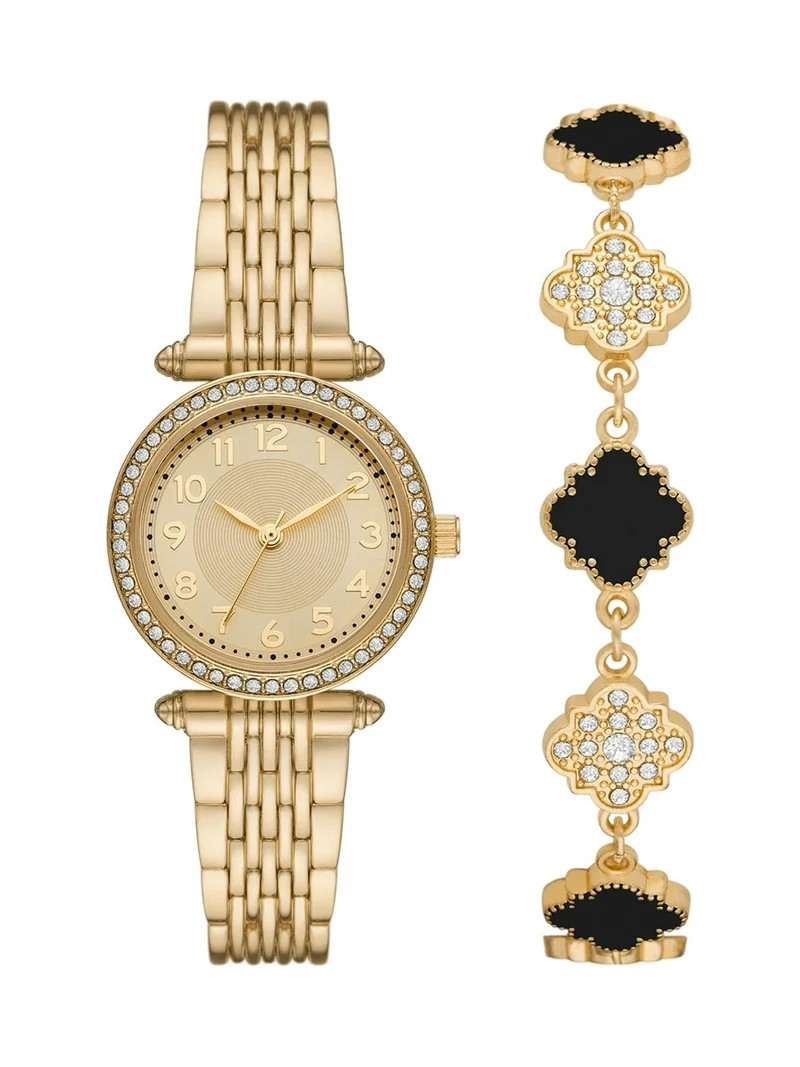 Time and Tru Ladies' Analog Wristwatch and Bracelet Set, Gold Tone Round Case, Clear Stone Bezel ... | Walmart (US)