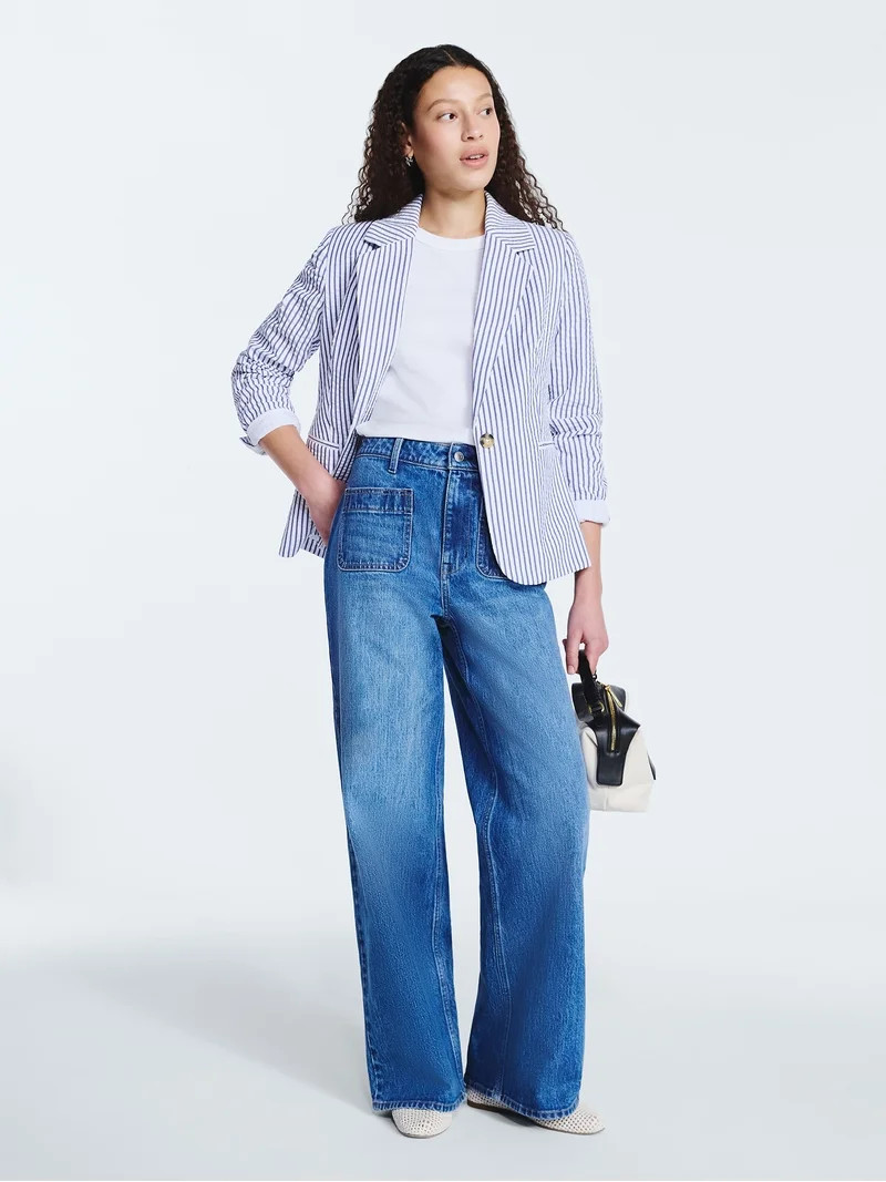 Free Assembly Women's Single Breasted Seersucker Blazer, Sizes XS-XXL | Walmart (US)