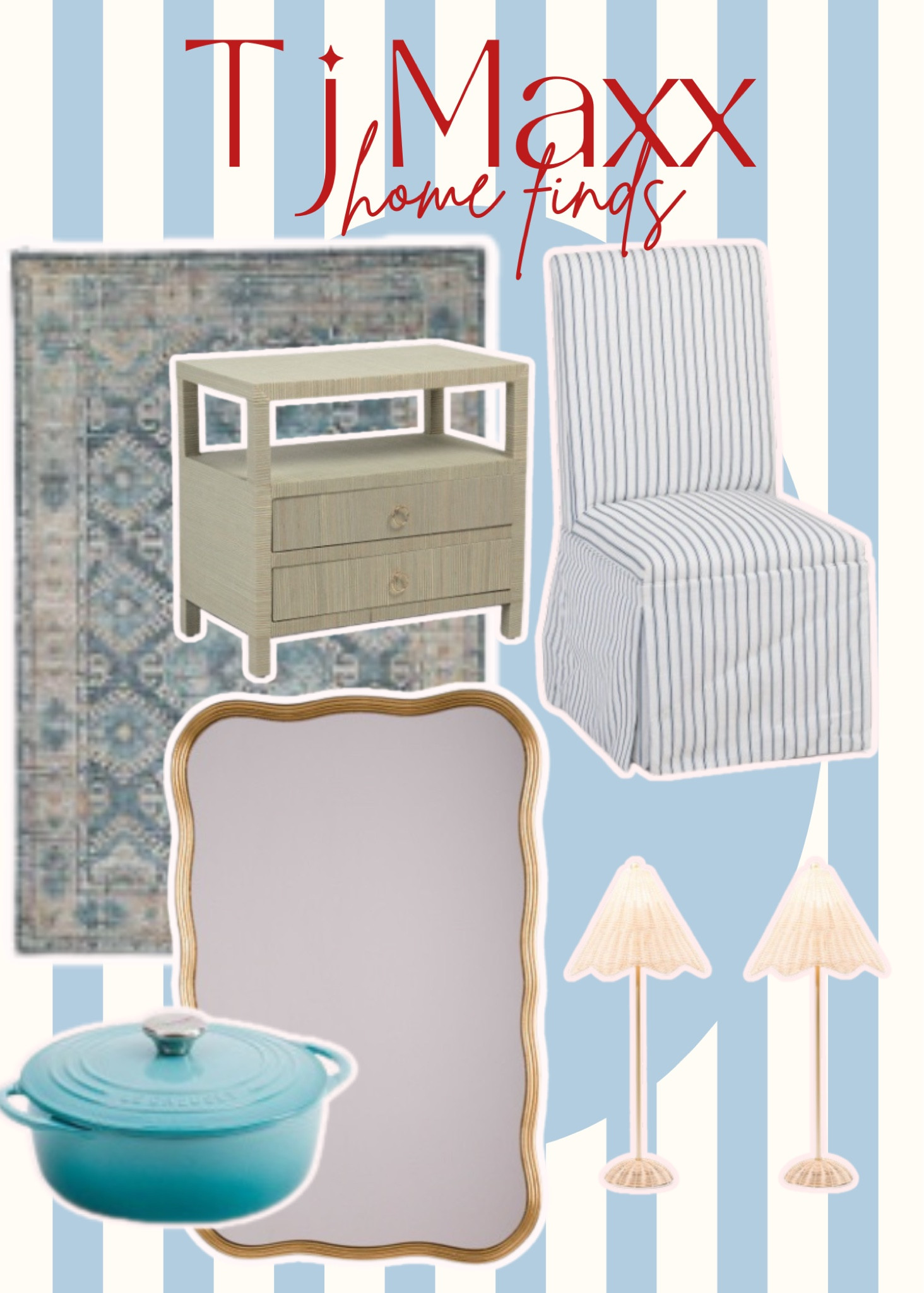 Home refresh  Tj maxx home finds. Area rug, stripe fabric dining chair, le creuset, rafia dresser, set of two scallop lamps, scalloped mirrorr

#LTKStyleTip #LTKFindsUnder100 #LTKHome