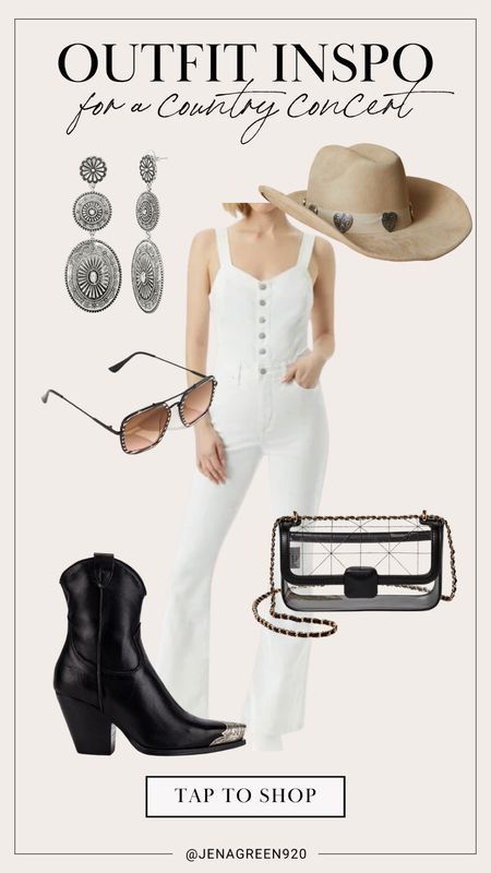 Country Concert Outfit Inspo | Denim Jumpsuit | Clear Purse | Western Booties | Western Hat 

#LTKfindsunder50 #LTKstyletip #LTKfindsunder100