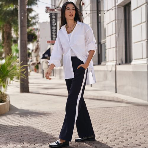 Women's Sport Knit High Rise Relaxed Straight Leg Side Stripe Pants - Lands' End - Black - L | Lands' End (US)