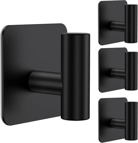 Aikzik 4 Pack Large Heavy Duty Wall Hooks - 26lb Max, Stainless Steel Adhesive Towel Hook, Shower Hooks for Hanging Towel, Coat, Robe, Wall Hook for Use in Bathroom, Kitchen and Door, Matte Black | Amazon (US)