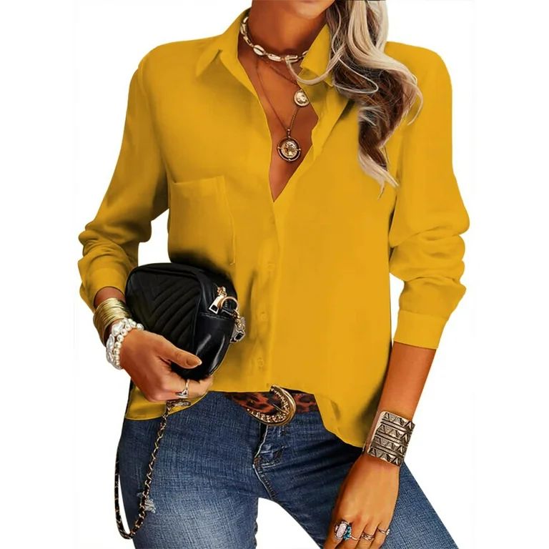 Niuer Long Sleeve Plain Work Dress Shirts for Women Loose Button Down Soid Color Blouse Casual La... | Walmart (US)