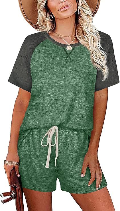 Women's 2 Piece Outfits Sets Raglan T Shirts Lounge Sets Casual Shorts Sleeve Tracksuits | Amazon (US)