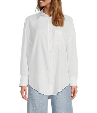 Alda Linen Blend Point Collar Long Sleeve Button Front Blouse | Dillard's