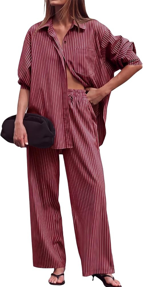 Tankaneo Womens Striped 2 Piece Lounge Pants Sets Travel Vacetion Outfits | Amazon (US)