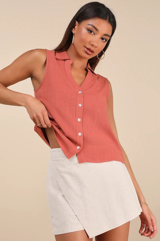 Casual Contentment Terracotta Linen Button-Up Collared Tank Top | Lulus