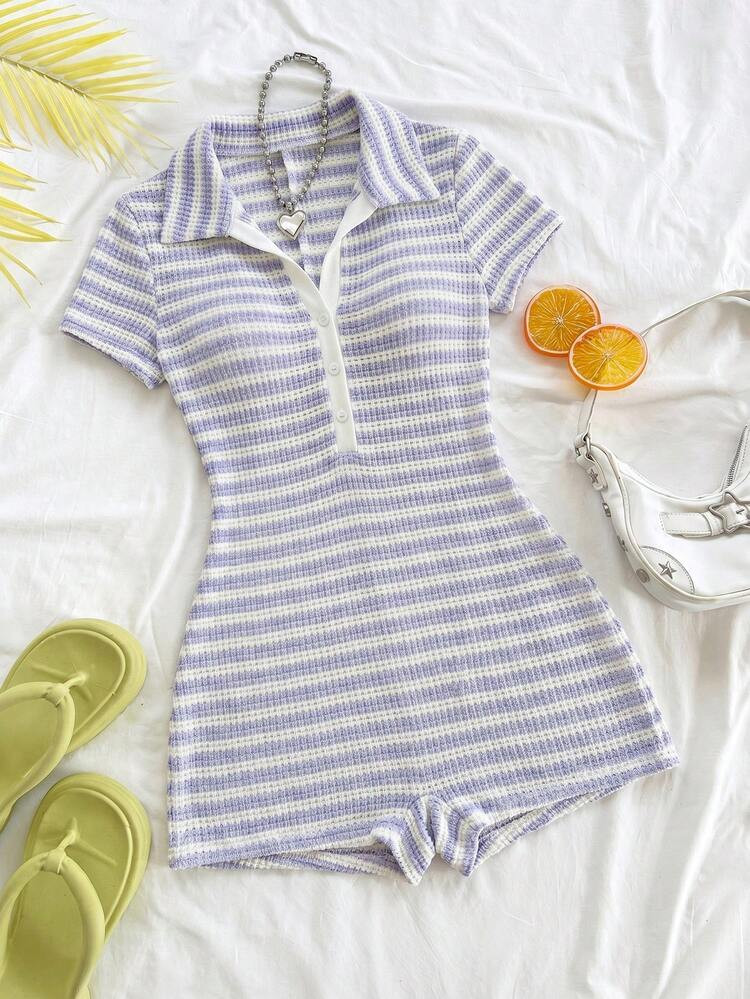 Soleia Striped Romper For Women, Casual For Valentine's Day, Beach, Date | SHEIN