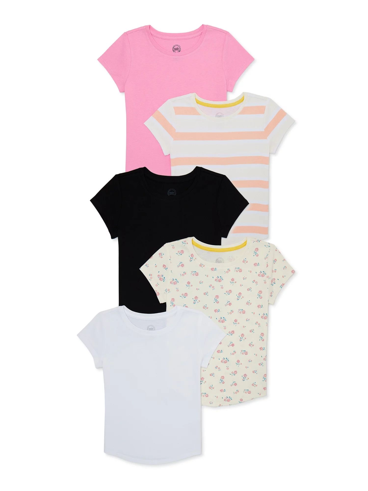 Wonder Nation Girls Kid Tough Crewneck T-Shirt with Short Sleeves, 5-Pack, Sizes 4-18 & Plus - Wa... | Walmart (US)