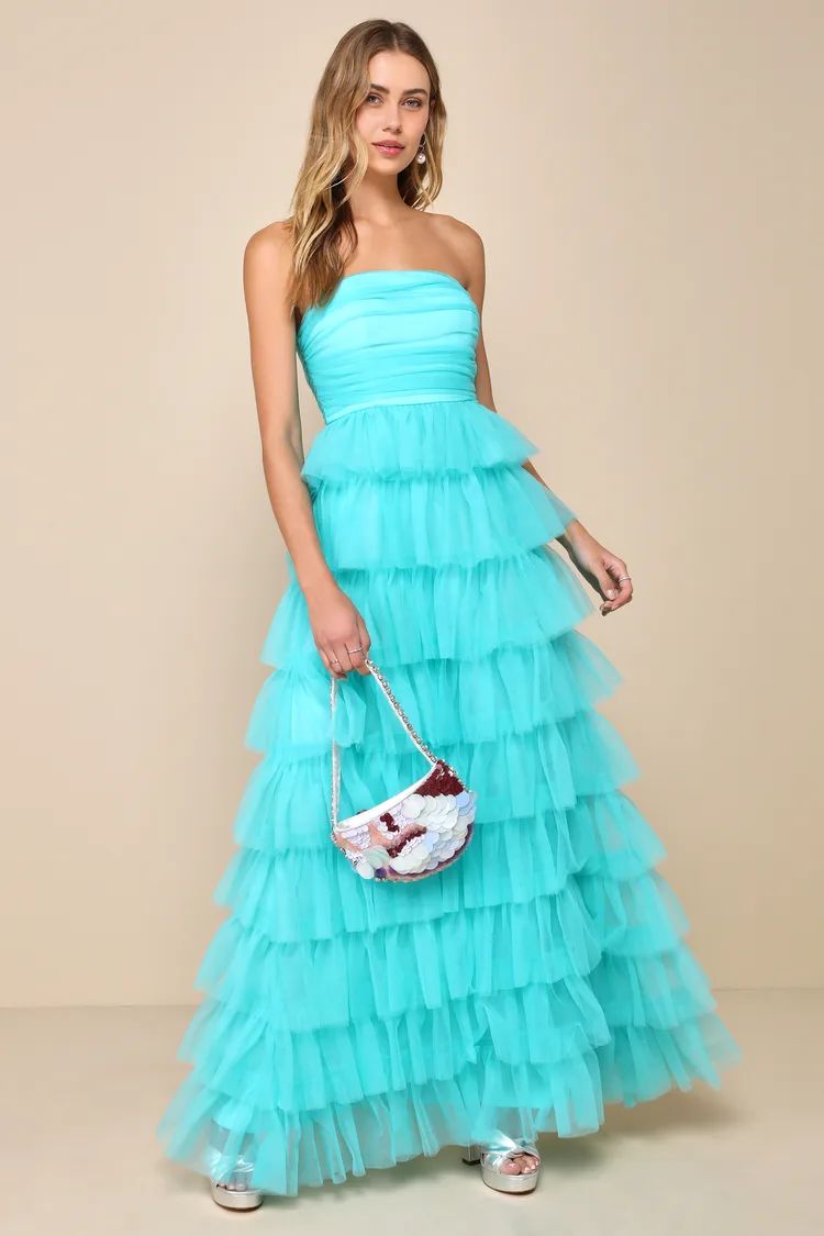 Fabulous Existence Teal Green Tulle Strapless Tiered Maxi Dress | Lulus