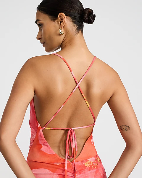 Floral Mesh Cowl Neck Strappy Low Back Maxi Dress | Express