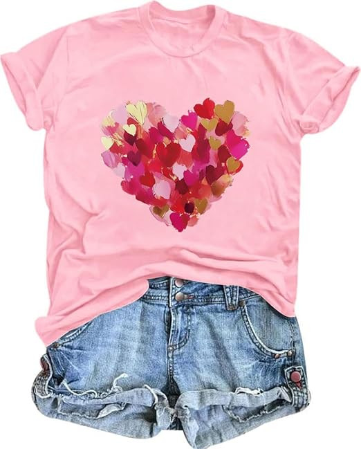 Valentines Shirts for Women Cute Love Heart Graphic Tees Short Sleeve Teacher Gift Tops | Amazon (US)