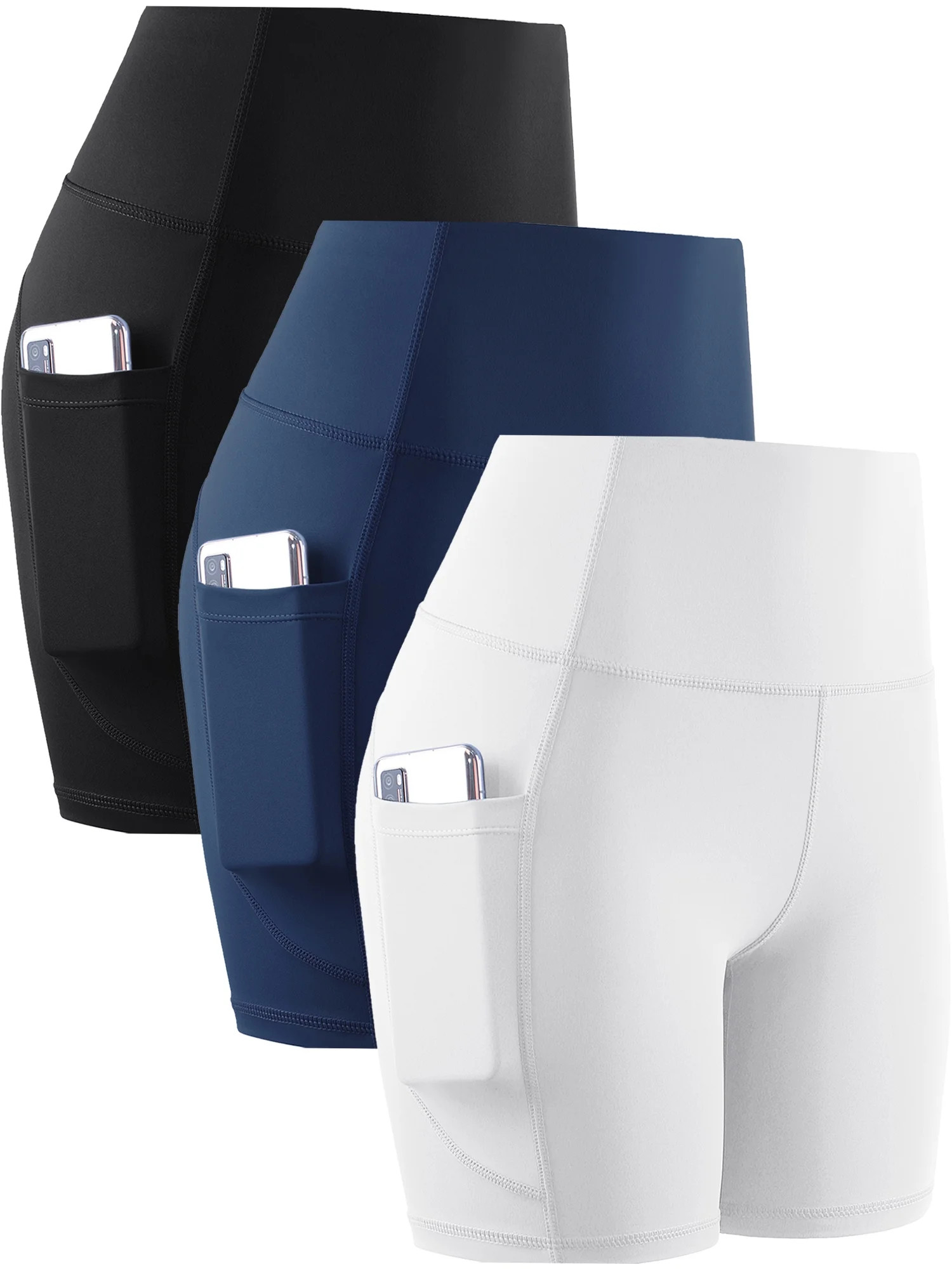 NELEUS Womens 8" High Waist Spandex Shorts Yoga Workout Biker Athletic Shorts with Pockets,Black+Navy Blue+White,US Size L - Walmart.com | Walmart (US)