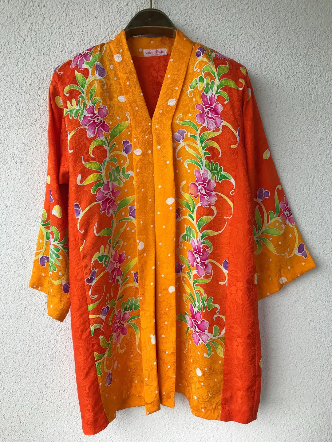 Vintage Bright Orange Colorful Floral Print Blouse Tunic Front Slit Long Sleeve Multi Color Blous... | Etsy (US)