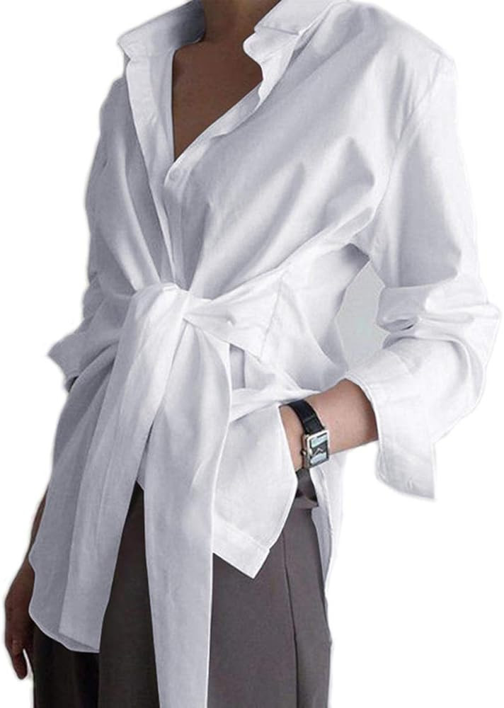 KUFV Women's Long Sleeve Button Down Shirts Tie Waist Casual Loose Blouses Tops | Amazon (US)