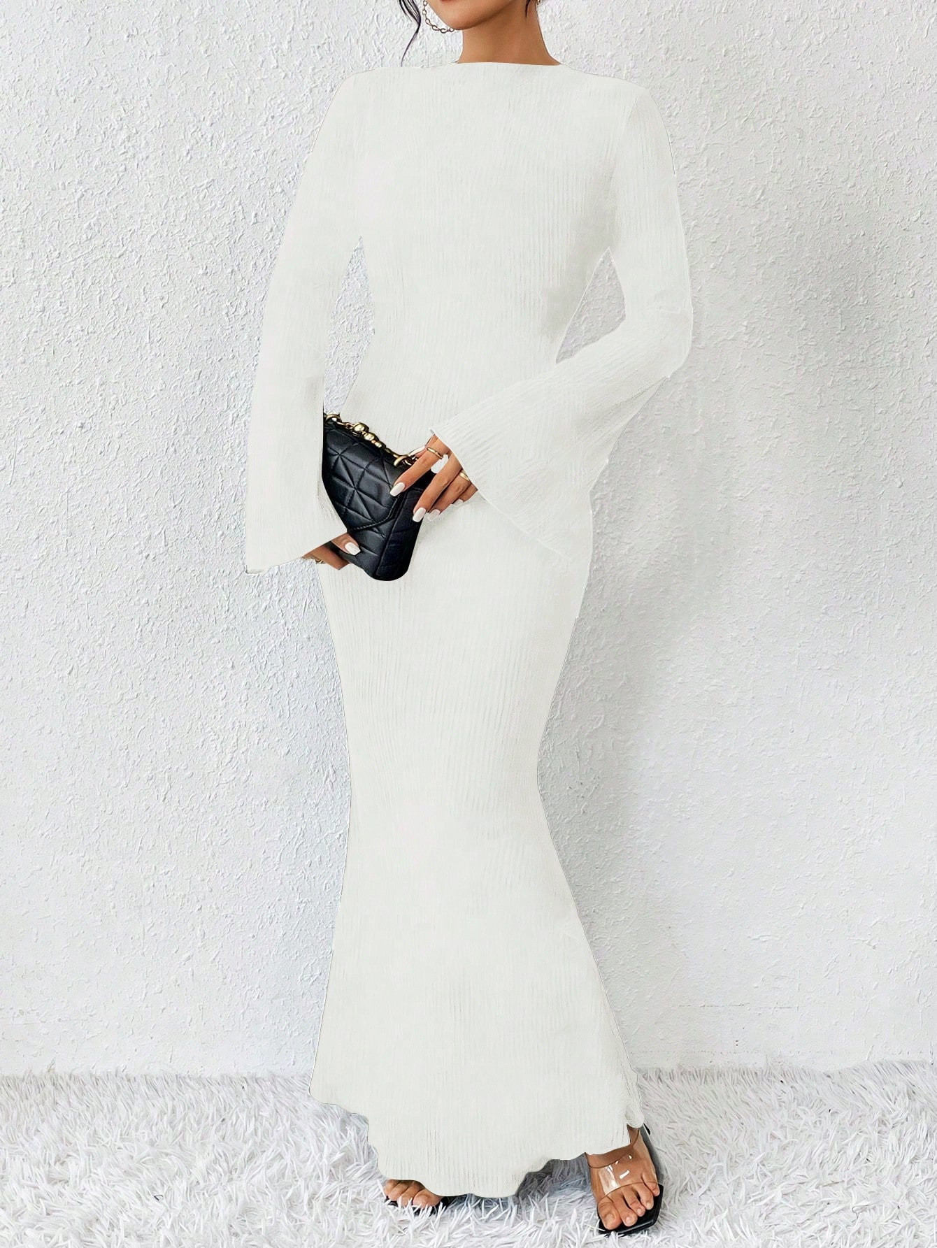 SHEIN Privé Women's Summer Solid Color Slim Fit Long Sleeve Flared Dress | SHEIN USA | SHEIN