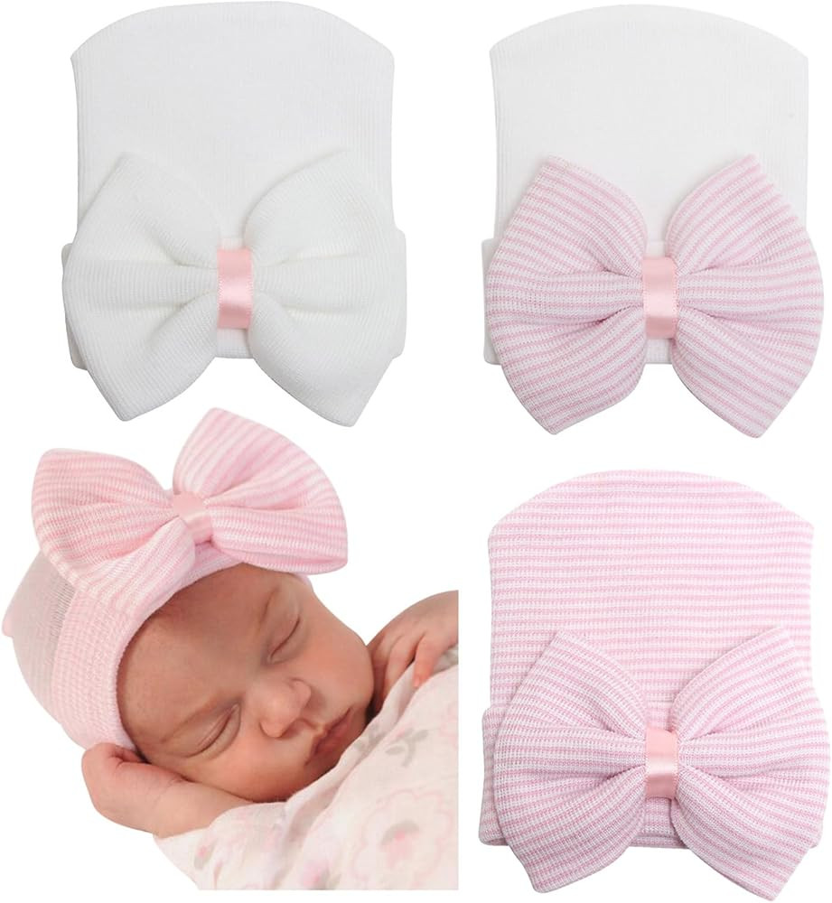 Amazon.com: AQOKKA Newborn Baby Girl Hats with Bow No Scratch Cotton Toddler Infant Beanie Caps S... | Amazon (US)