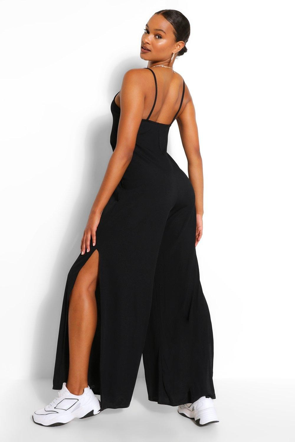 Ribbed Strappy Oversized Split Leg Jumpsuit | Boohoo.com (US & CA)