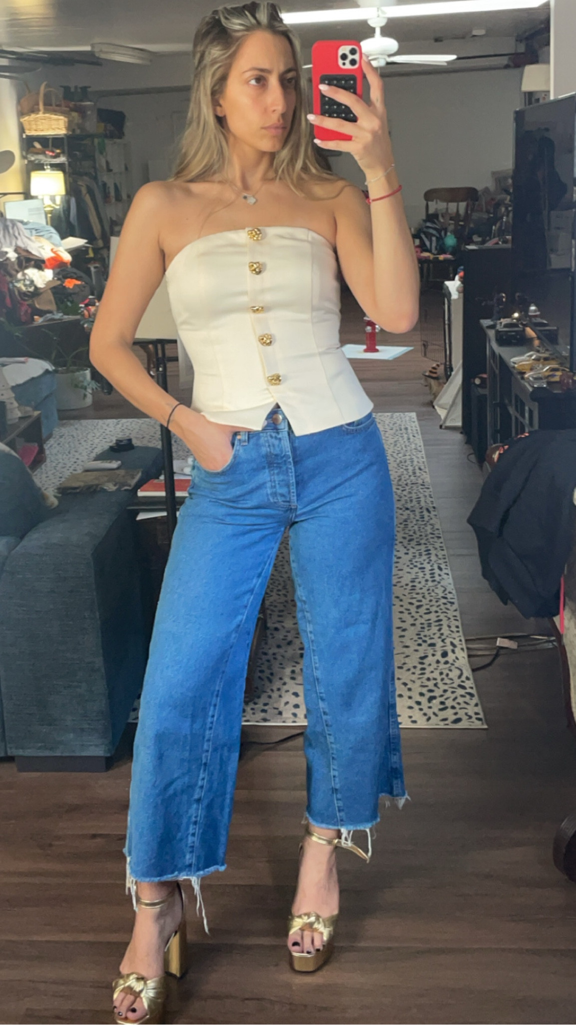 Girls night outfit. Jeans and a cute top. Endless rose strapless corset top with wide leg highrise jeans. Gold Platform sandals. 

#LTKShoeCrush #LTKStyleTip #LTKSeasonal