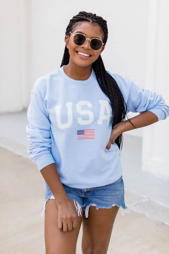 Athletic USA Flag Graphic Light Blue Sweatshirt - Memorial Day Outfits | Pink Lily