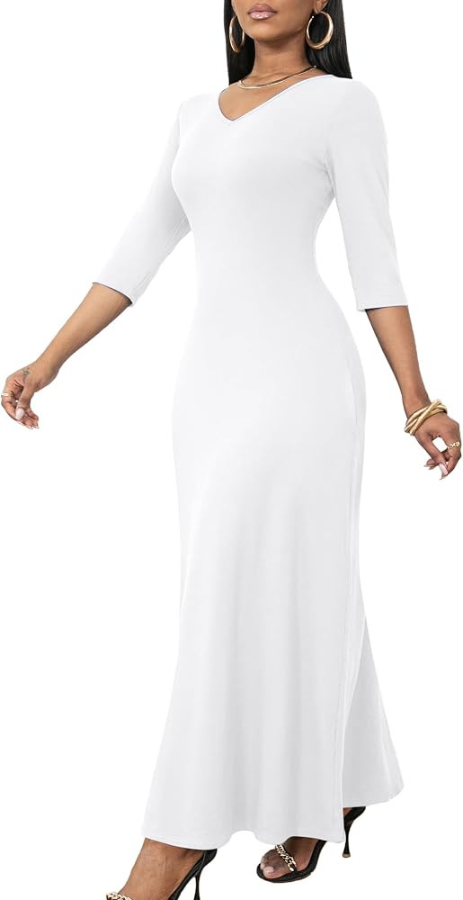 FANDEE Maxi Dress for Women 3/4 Sleeve Maxi Dresses V Neck Casual Loose Long T Shirt Dresses Basi... | Amazon (US)