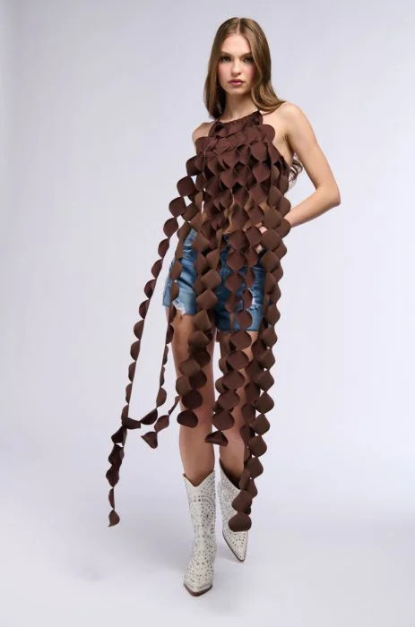 LIGHTS FLASHING HALTER TIE NECK TOP IN BROWN | AKIRA