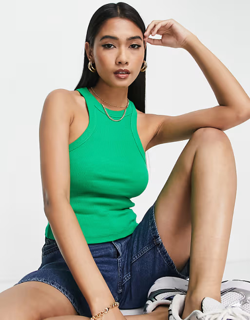 ASOS DESIGN extreme racer front tank top in rib in fern green | ASOS (Global)