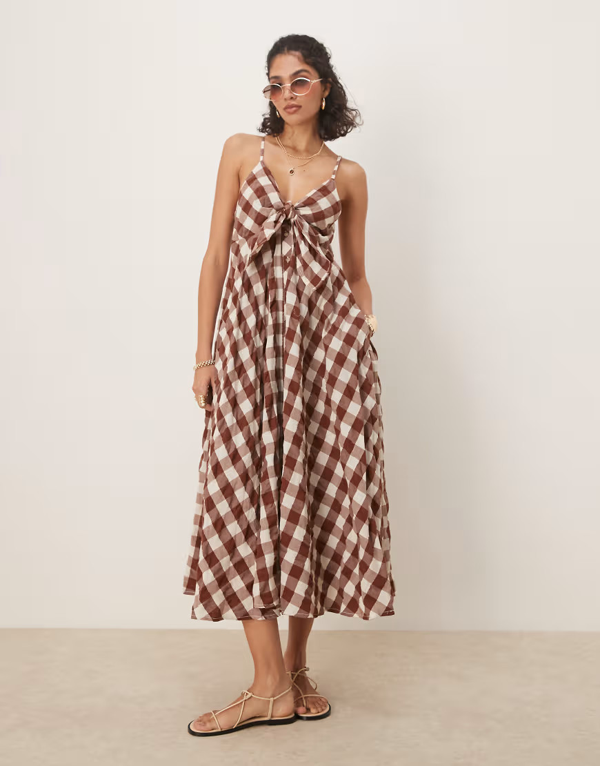 Free People via gingham cami midi dress in brown | ASOS (Global)