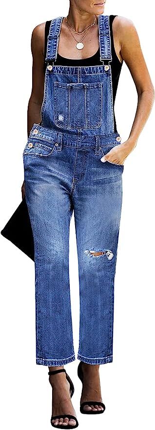 LookbookStore Women's Casual Ripped Denim Bib Overalls Stretch Jeans Pants Jumpsuits | Amazon (US)