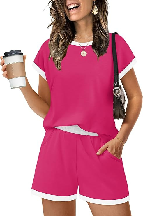 WIHOLL Two Piece Sets for Women Summer Lounge Short Sets Cap Sleeve Crew Neck Sweatsuit with Pock... | Amazon (US)