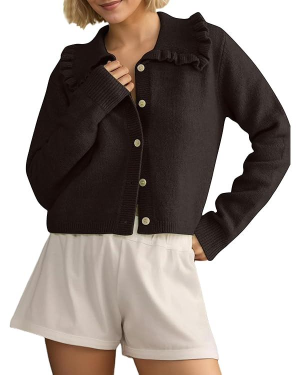 MISSACTIVER Women Ruffle Collar Cropped Cardigan Casual Lapel Button Down Sweaters Long Sleeve Op... | Amazon (US)