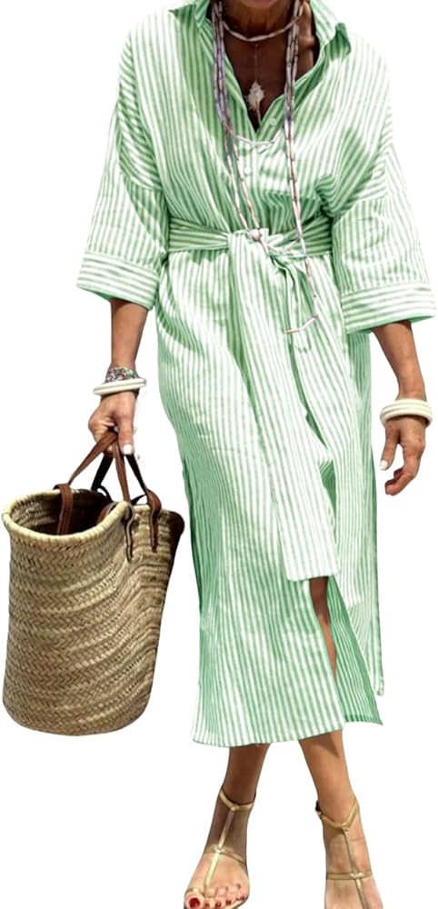 chouyatou Women's Summer 3/4 Sleeve Striped Shirt Dress Belted Maxi Long Casual Button Down Beach... | Amazon (US)