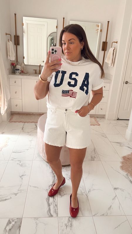 curvy 4th of July outfit! wearing size large in USA tee and size 32 in white denim shorts 

#LTKMidsize #LTKSeasonal #LTKFindsUnder100