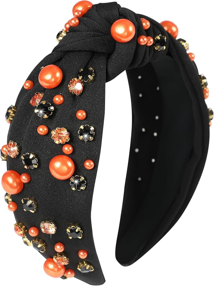 Halloween Pearl Knotted Headbands for Women Sparkly Beaded Crystal Embellished Headband Wide Top ... | Amazon (US)
